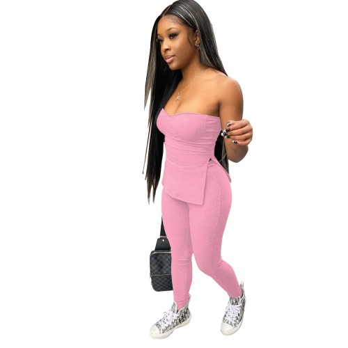 Casual Solid Knitted Rib Summer Two Piece Set Women 2021 Sexy Off the Shoulder Slit Tube Top + Leggings Slim Workout Set Outfits