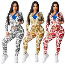 Women Fashion Streetwear Print Tracksuit Women Sexy Sportswear Fitness Zipper Long Sleeve + Lace Up Pants Two Piece Set Outfits