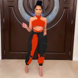Color Block Patchwork Drawstring Tracksuit Women Sexy Halter Tube Backless Crop Top + Sweat Pants Slim Two Piece Set Outfits
