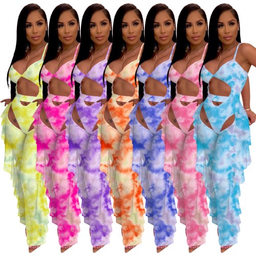 Summer Beach Party Swimsuit Tie Dye Bodysuit Transparent Sheer Mesh Ruffles Pants Women Set Sexy Club Two Piece Set Outfits