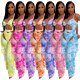 Summer Beach Party Swimsuit Tie Dye Bodysuit Transparent Sheer Mesh Ruffles Pants Women Set Sexy Club Two Piece Set Outfits