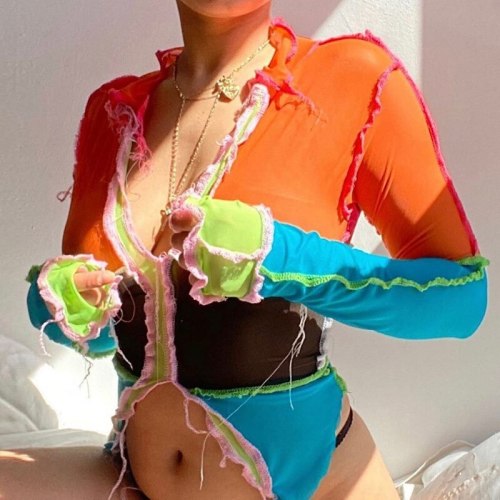 2021 Sexy Sheer Mesh Color Block Patchwork T Shirt Women See Through V Neck Long Sleeve Crop Top Women Shirts