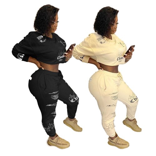 Streetwear Letter Print Two Piece Set Women Jogging Femme Casual Sportswear Fitness Crop Top +Sweatpants Tracksuit Women Outfits
