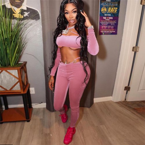 Sexy Strap Solid Velvet Tracksuit Women Cut Out Off the Shoulder Long Sleeve Crop Top + Pants Club Two Piece Set Outfits Suits