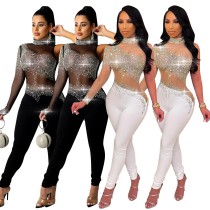 Sexy Women Jumpsuit Sheer Mesh Diamond See Through Party Night Clubwear Long Romper Women Jumpsuit Overalls