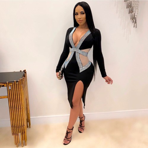 Elegant Glitter Hot Drilling Mini Women Dress Sexy Deep V Neck Mesh Patchwork High Slit Bodycon Night Club Party Women Dress