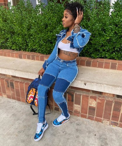 Vintage Color Block Patchwork Denim 2 Piece Set Women 2021 Sexy Washed Denim Crop Top + Pencil Pants Slim Two Piece Set Outfits
