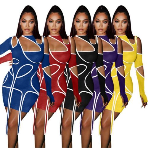 Fashion White Strim Bodycon Mini Women's Summer Dress 2021 Sexy Hollow Out Long Sleeve Bandage Club Party Dresses Robe Outfits