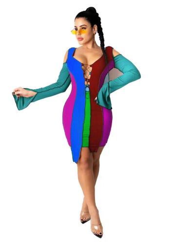 Sexy Deep V Neck Cold Shoulder Mini Women Dress Elegant Striped Color Block Slit Long Sleeve Bodycon Club Party Dress Outfits