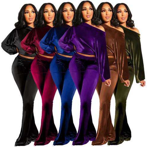 Women Velvet Two 2 Piece Set Off Shoulder Pullover Tops and Flare Pants Matching Set Outfits Street Tracksuit Sweatsuit