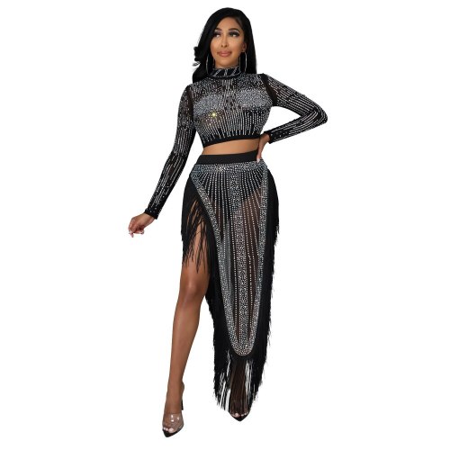 Fashion Two Piece Set Tassel Beading Crop Top High Split Long Skirt Suits Spring Autumn Solid Sexy 2 Piece Outfits Women Clothes