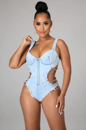 Women Swimsuit Denim Solid Sleeveless Chain Hollow Out Ziopper Stretchy Bodysuits Sexy Fashion Beachwear Summer Outfits