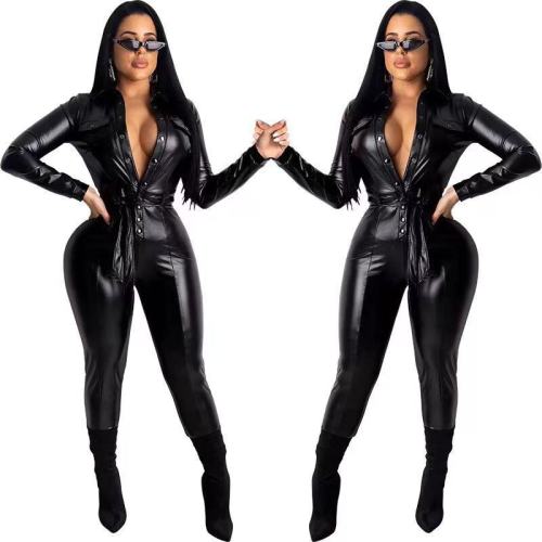 Sexy Deep V Faux Leather Jumpsuit Women Long Sleeve Sexy V Neck Quality Pu Leather Jumpsuit Black Slinky Club Overall Outfits