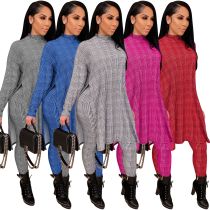 Houndstooth Plaid Printed Vintage Two Piece Set Women Autumn Tracksuit Long Sleeve Side Split Loose Tops and Stretch Pant Sets
