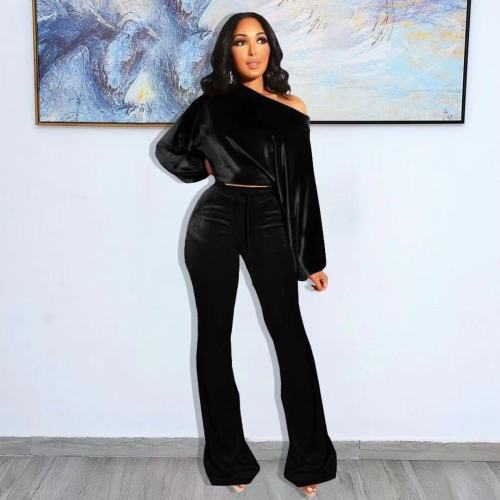 Women Velvet Two 2 Piece Set Off Shoulder Pullover Tops and Flare Pants Matching Set Outfits Street Tracksuit Sweatsuit