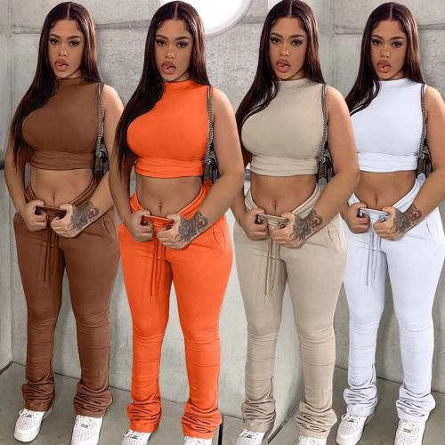 Women Tracksuit Solid Sleeveless Half High Collar Crop Tops Skinny Stacked Pants Two 2 Piece Sets Casual Outfit Summer