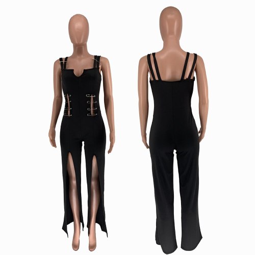 Sexy High Split Long Jumpsuit Spaghetti Strap Cut out Overalls Summer Sleeveless Wide Leg Pants Women One Piece Club Outfits