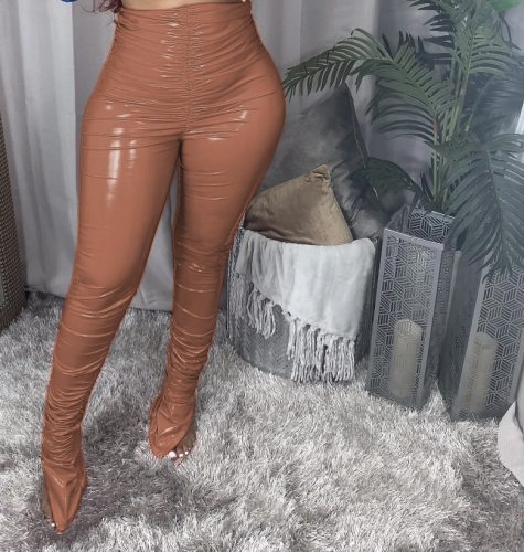 Thick Fleece Warm PU Leather Pants Pleated Ruched Pleated stacked pants Flare Split Club Trousers Legging Partywear New