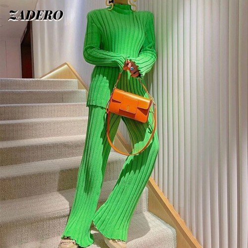 Knitted Suit Women 2021 Autumn Winter Long Sleeve Turtleneck Sweater Pant Two Piece Set Casual Fashion trouser suits Green Khaki