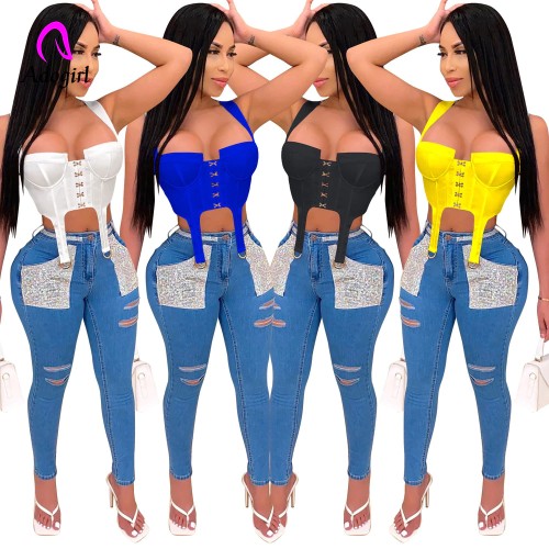 Corset Wear Single-breasted Square Neck Camis Tank Bustier Women Sleeveless Backless Irregular Crop Tops Zipper Up Slim T-shirt