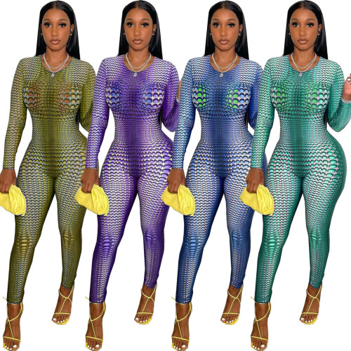 Sportswear Print Bodycon Jumpsuit Women Casual O Neck Long Sleeve Three-dimensional Leggings Slim Rompers Women Jumpsuit Workout