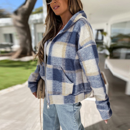 Autumn Winter Pocket Long Sleeve With Zipper Warm Coats Loose Check Pattern Plush Hooded Jacket Women Casual Plaid Loose Outwear