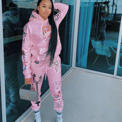 Plus Size Aesthetic Print 2 Piece Set for Women Long Sleeve Sweatshirt Hoodies Sexy Sweatpants Streetwear Matching Sets