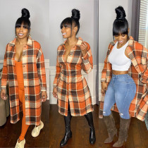 Casual Orange Checkered Long Coat Women Winter Clothing 2021 Fashion Plaid Jackets Cardigan Outerwear D43-EA65