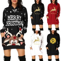 Women's Fashion Christmas  Hoodie Bag Hip Pocket Print Hoodie Fashion Dress Winter Oversized Warm Sweatshirt Dresses