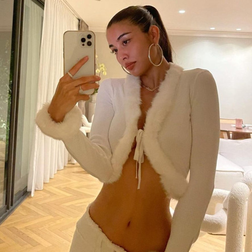 2021 Women Tie-up Crop Tops, Adults Sexy Solid Color Long Sleeve V-neck Fur Trim Cardigan