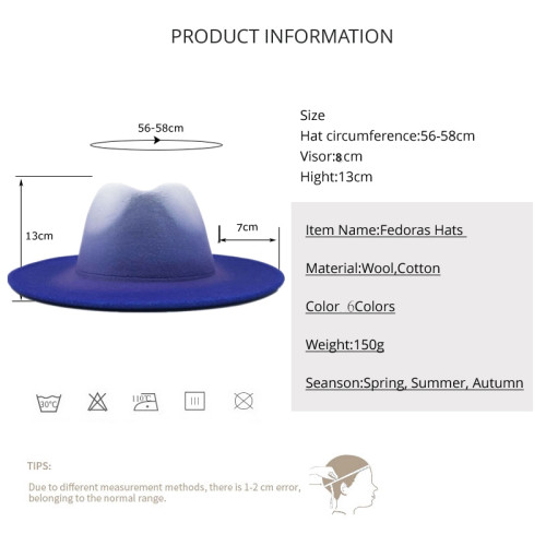 Women Men Wool Vintage Trilby Felt Fedora Hat With Wide Brim Gentleman Elegant Gradient Royal blue For Lady Winter Jazz Caps