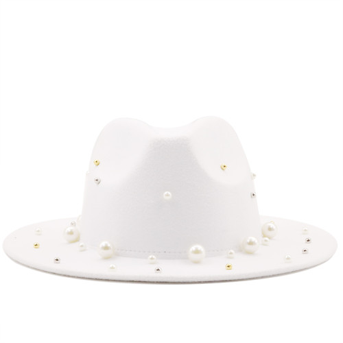 New Women Men Wool Fedora Hat With Big Pearl  Gentleman Elegant Lady Winter Autumn Wide Brim Church Panama Sombrero Jazz Cap