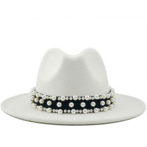 2021 Hot Men Women Wide Brim Wool Felt Fedora Panama Hat Pearl belt Jazz Trilby Cap Party Formal Top Hat In White,black