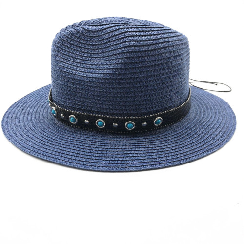 2021 new Summer British gem Belt beading flat brimmed straw hat Shading sun hat Lady fashion beach hat men Jazz hat