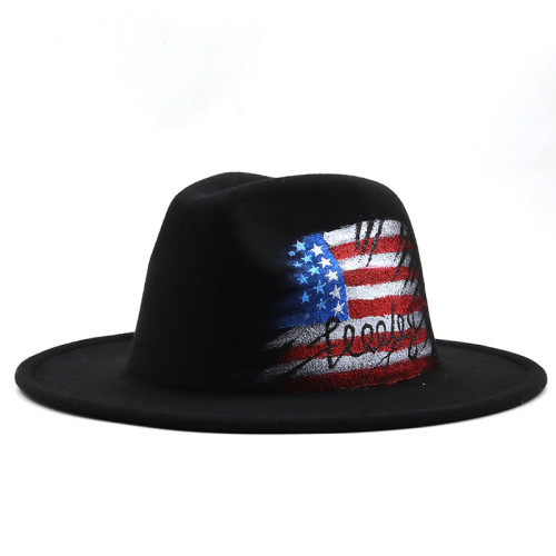2021 Handmade Painted American flag Wool Felt Black Fedora Hat For Women/Men Wide Brim Autumn Winter Panama Jazz Cap