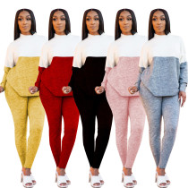 2021 Winter Women Two Piece Set Color Patchwork Shirt And Long Pants Sportsuit Clothes For Women Outfit