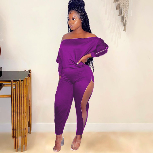 Casual Women Biker Two Piece Set Slash Neck Sleeve Shirt And Long Pants Hollow Out Solid Color Sportsuit Clothes For Women