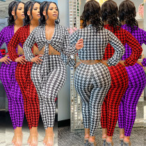 Casual Women Tracksuit Two Piece Ser Plaid Bandage Shirt And Long Pants Slim Fitness Sportsuit Clothes For Women Outfit