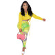 Autumn Print Colorful Women Two Piece Set Sheer Mesh Shirt And Long Pants High Streer Tracksuit Clothes For Women Outfit