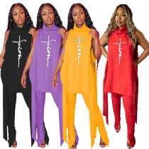 Casual Women Tracksuit Two Piece Set Shirt And Long Pant Print Letter Bandage Stacked Jogger Pants Clothes For Women Outfit