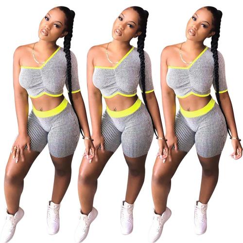 Casual stripe Two Piece One Shoulder Short Set