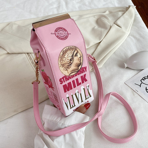 Pink & Black Milk Carton Design Cartoon Print Hand Bags For Women 2020 Trend Small PU Leather Crossbody Bags Shoulder Chain Bag