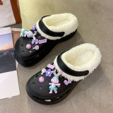 Winter Women Slippers 6cm Platform Warm Furry Clogs Slippers with Charms Indoor Home Cotton Shoes Fluff Fur Slides Plush Sandals