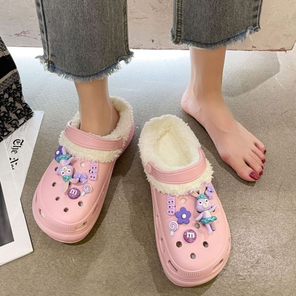 Winter Women Slippers 6cm Platform Warm Furry Clogs Slippers with Charms Indoor Home Cotton Shoes Fluff Fur Slides Plush Sandals
