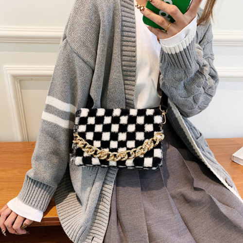 Plaid Pattern Plush Faux Fur Small Box Shape Crossbody Bag for Women Winter Designer Branded Trendy Thick Chain Shoulder Handbag