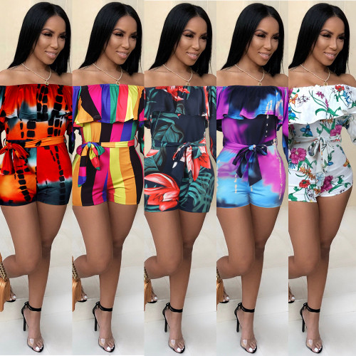 Casaul Women Print Floral Jumpsuit Slash Neck Bandage Full Sleeve Short Ropmer Women Jumpsuit Outfit