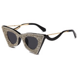 2022 new sunglasses sunglasses women's tide studded colored diamond big box big face slim stage cat women sunglasses