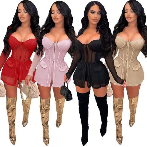 Wholesale women adulis Stock zippered chest sleep cotton mesh panels, coat shorts two-piece set