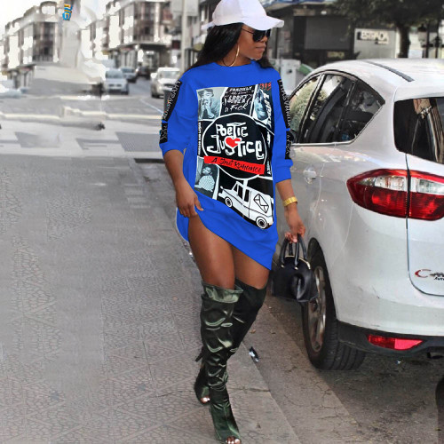 New Fall Winter Women's Dresses Letter Character Cartoon Print O-neck Long Sleeve Sweatshirts Slim Mini Abiti Dress