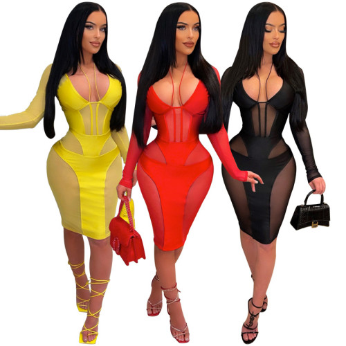 Casual Women Dress Sheer Mesh Full Sleeve Long Dress  Bodycon Party Night Clubwear Solid Color Dresses For Women Vestidos